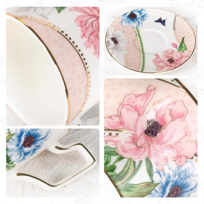 KAMMAK Tea Cups and Saucers Set of 2, Porcelain Coffee Cups, Stackable Espresso Mugs, Ceramic Demitasse for Coffee, Latte, Americano, Tea, Green + Pink KAMMAK 8CZNX045+46 ceramic cup and saucer shape and proportion detail image 3