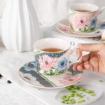 KAMMAK Tea Cups and Saucers Set of 2, Porcelain Coffee Cups, Stackable Espresso Mugs, Ceramic Demitasse for Coffee, Latte, Americano, Tea, Green + Pink KAMMAK 8CZNX045+46 ceramic cup and saucer close-up material texture detail image 4