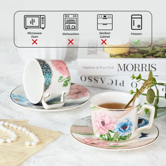KAMMAK Tea Cups and Saucers Set of 2, Porcelain Coffee Cups, Stackable Espresso Mugs, Ceramic Demitasse for Coffee, Latte, Americano, Tea, Green + Pink KAMMAK 8CZNX045+46 ceramic cup and saucer scale and proportion view image 6