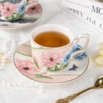 KAMMAK Tea Cups and Saucers Set of 2, Porcelain Coffee Cups, Stackable Espresso Mugs, Ceramic Demitasse for Coffee, Latte, Americano, Tea, Green + Pink KAMMAK 8CZNX045+46 ceramic cup and saucer styled home decor setting image 5