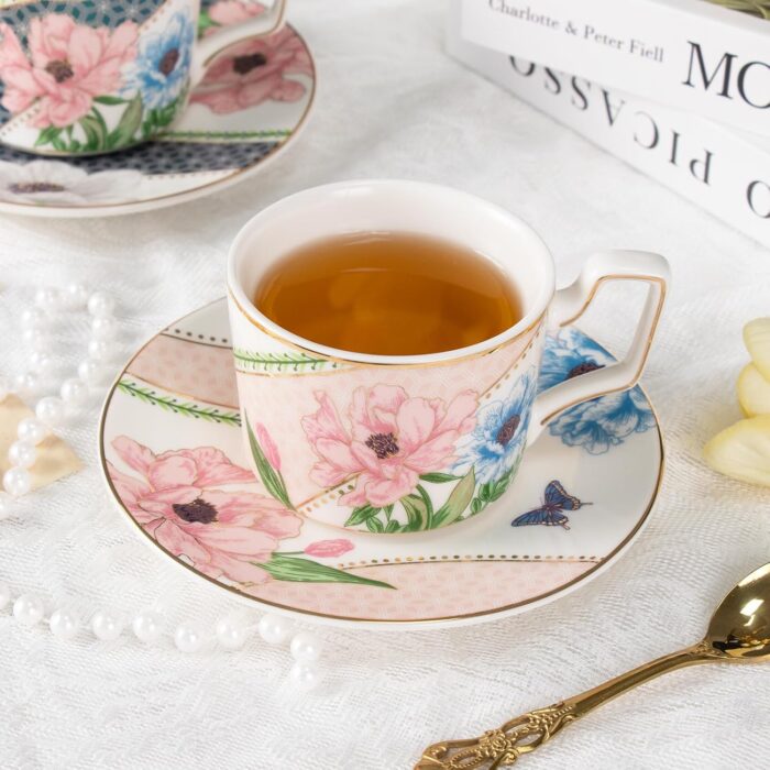 KAMMAK Tea Cups and Saucers Set of 2, Porcelain Coffee Cups, Stackable Espresso Mugs, Ceramic Demitasse for Coffee, Latte, Americano, Tea, Green + Pink KAMMAK 8CZNX045+46 ceramic cup and saucer styled home decor setting image 5