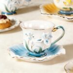KAMMAK Tea Cups and Saucers Set of 2, Porcelain Coffee Cups, Stackable Espresso Mugs, Ceramic Demitasse for Coffee, Latte, Americano, Tea, Relief - Yellow + Blue