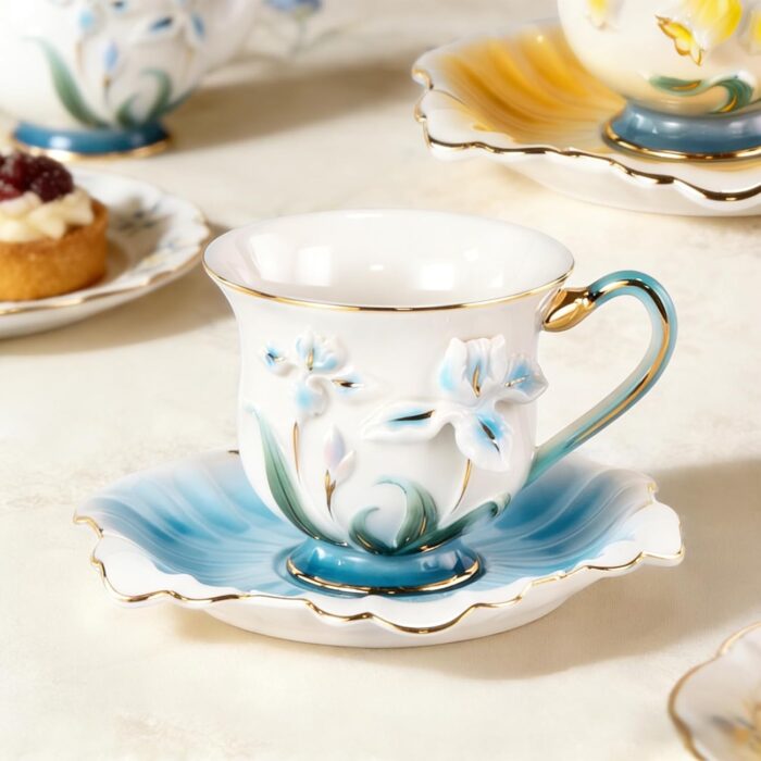 KAMMAK Tea Cups and Saucers Set of 2, Porcelain Coffee Cups, Stackable Espresso Mugs, Ceramic Demitasse for Coffee, Latte, Americano, Tea, Relief - Yellow + Blue