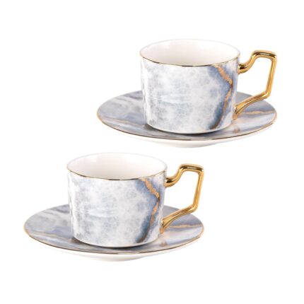 KAMMAK Tea Cups and Saucers Set of 2, Porcelain Coffee Cups, Stackable Espresso Mugs, Ceramic Demitasse for Coffee, Latte, Americano, Tea, Marble Gray