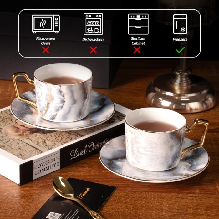 KAMMAK Tea Cups and Saucers Set of 2, Porcelain Coffee Cups, Stackable Espresso Mugs, Ceramic Demitasse for Coffee, Latte, Americano, Tea, Marble Gray