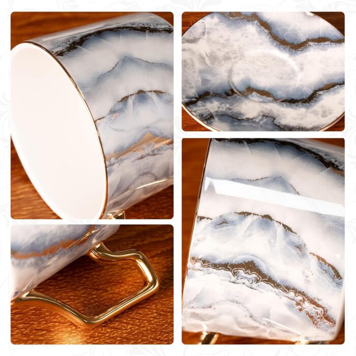 KAMMAK Tea Cups and Saucers Set of 2, Porcelain Coffee Cups, Stackable Espresso Mugs, Ceramic Demitasse for Coffee, Latte, Americano, Tea, Marble Gray