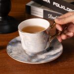 KAMMAK Tea Cups and Saucers Set of 2, Porcelain Coffee Cups, Stackable Espresso Mugs, Ceramic Demitasse for Coffee, Latte, Americano, Tea, Marble Gray