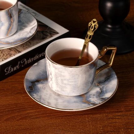 KAMMAK Tea Cups and Saucers Set of 2, Porcelain Coffee Cups, Stackable Espresso Mugs, Ceramic Demitasse for Coffee, Latte, Americano, Tea, Marble Gray