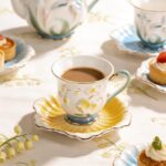 KAMMAK Tea Cups and Saucers Set of 2, Porcelain Coffee Cups, Stackable Espresso Mugs, Ceramic Demitasse for Coffee, Latte, Americano, Tea, Relief - Yellow + Blue