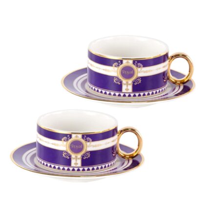 KAMMAK Tea Cups and Saucers Set of 2, Porcelain Coffee Cups, Stackable Espresso Mugs, Ceramic Demitasse for Coffee, Latte, Americano, Tea, Polka Dot Fantasy Purple
