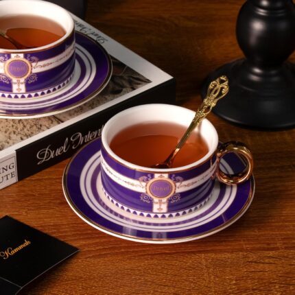 KAMMAK Tea Cups and Saucers Set of 2, Porcelain Coffee Cups, Stackable Espresso Mugs, Ceramic Demitasse for Coffee, Latte, Americano, Tea, Polka Dot Fantasy Purple