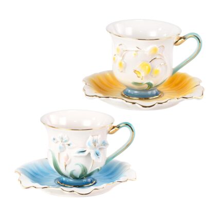 KAMMAK Tea Cups and Saucers Set of 2, Porcelain Coffee Cups, Stackable Espresso Mugs, Ceramic Demitasse for Coffee, Latte, Americano, Tea, Relief - Yellow + Blue