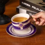 KAMMAK Tea Cups and Saucers Set of 2, Porcelain Coffee Cups, Stackable Espresso Mugs, Ceramic Demitasse for Coffee, Latte, Americano, Tea, Polka Dot Fantasy Purple