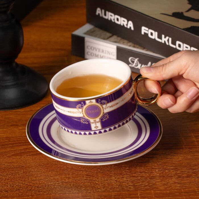 KAMMAK Tea Cups and Saucers Set of 2, Porcelain Coffee Cups, Stackable Espresso Mugs, Ceramic Demitasse for Coffee, Latte, Americano, Tea, Polka Dot Fantasy Purple