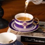KAMMAK Tea Cups and Saucers Set of 2, Porcelain Coffee Cups, Stackable Espresso Mugs, Ceramic Demitasse for Coffee, Latte, Americano, Tea, Polka Dot Fantasy Purple