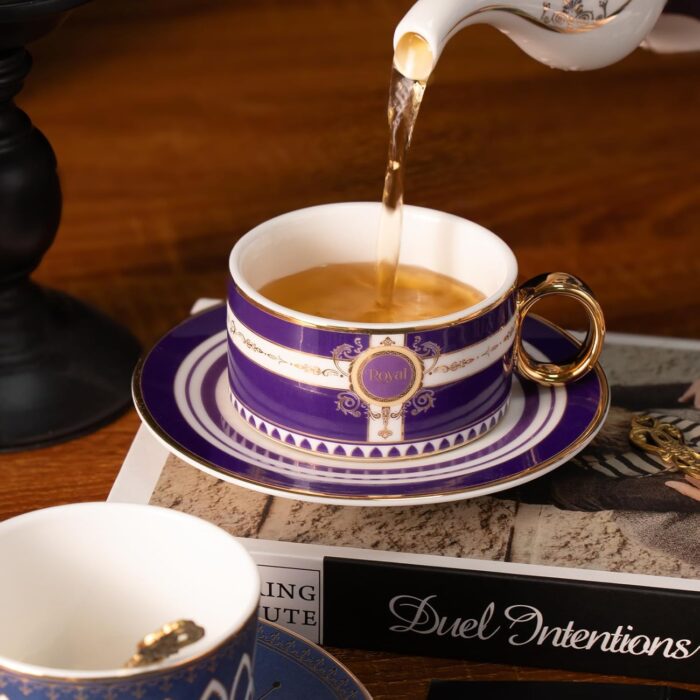 KAMMAK Tea Cups and Saucers Set of 2, Porcelain Coffee Cups, Stackable Espresso Mugs, Ceramic Demitasse for Coffee, Latte, Americano, Tea, Polka Dot Fantasy Purple