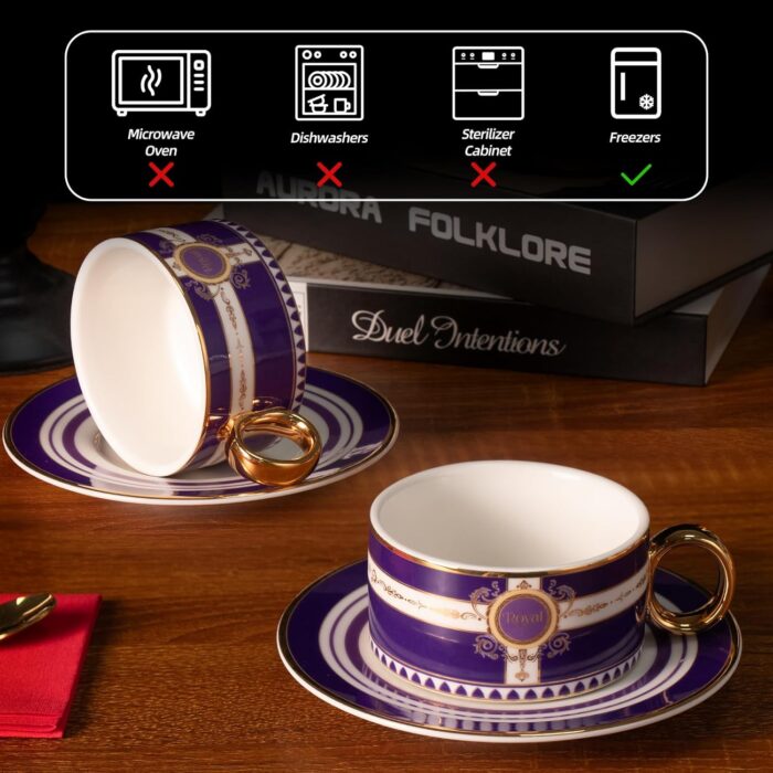 KAMMAK Tea Cups and Saucers Set of 2, Porcelain Coffee Cups, Stackable Espresso Mugs, Ceramic Demitasse for Coffee, Latte, Americano, Tea, Polka Dot Fantasy Purple