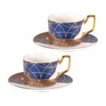 KAMMAK Tea Cups and Saucers Set of 2, Porcelain Coffee Cups, Stackable Espresso Mugs, Ceramic Demitasse for Coffee, Latte, Americano, Tea, Golden Age