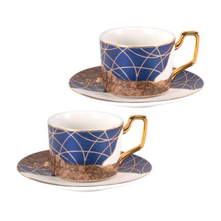KAMMAK Tea Cups and Saucers Set of 2, Porcelain Coffee Cups, Stackable Espresso Mugs, Ceramic Demitasse for Coffee, Latte, Americano, Tea, Golden Age