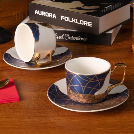 KAMMAK Tea Cups and Saucers Set of 2, Porcelain Coffee Cups, Stackable Espresso Mugs, Ceramic Demitasse for Coffee, Latte, Americano, Tea, Golden Age