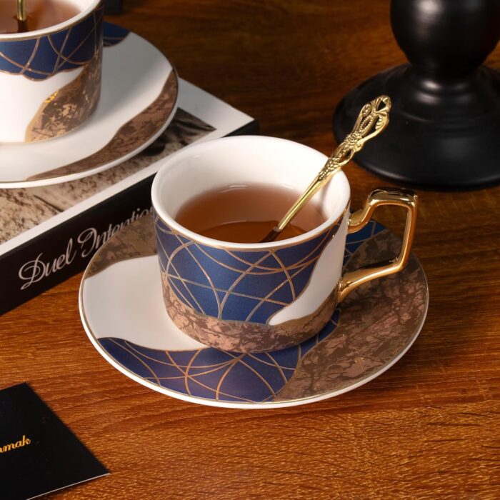 KAMMAK Tea Cups and Saucers Set of 2, Porcelain Coffee Cups, Stackable Espresso Mugs, Ceramic Demitasse for Coffee, Latte, Americano, Tea, Golden Age