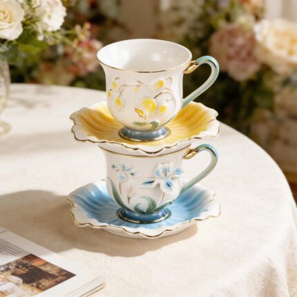 KAMMAK Tea Cups and Saucers Set of 2, Porcelain Coffee Cups, Stackable Espresso Mugs, Ceramic Demitasse for Coffee, Latte, Americano, Tea, Relief - Yellow + Blue