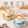 KAMMAK Tea Cups and Saucers Set of 2, Porcelain Coffee Cups, Stackable Espresso Mugs, Ceramic Demitasse for Coffee, Latte, Americano, Tea, Relief Yellow + Blue KAMMAK 8CZNX015+16 ceramic cup and saucer scale and proportion view image 6