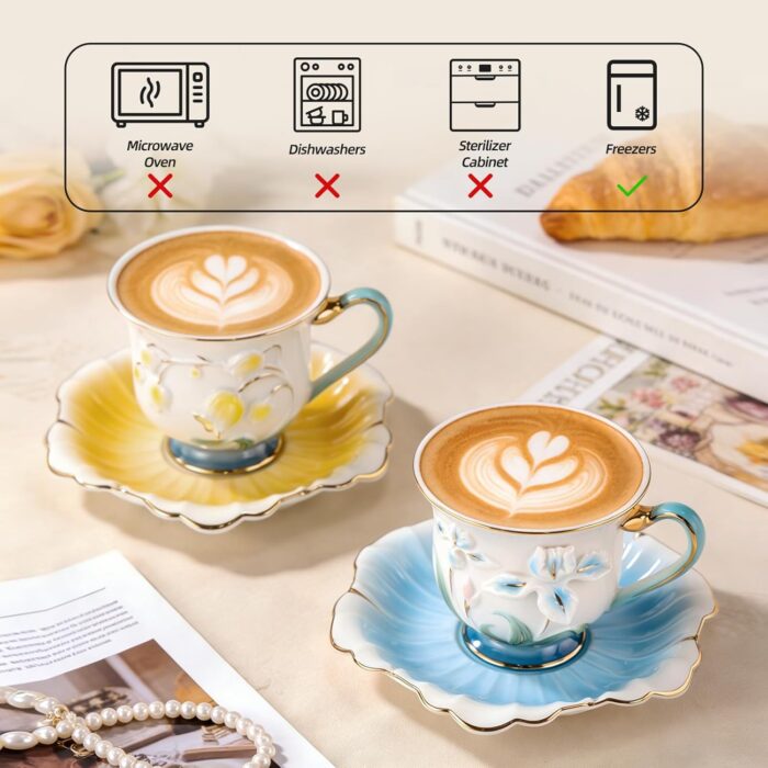 KAMMAK Tea Cups and Saucers Set of 2, Porcelain Coffee Cups, Stackable Espresso Mugs, Ceramic Demitasse for Coffee, Latte, Americano, Tea, Relief - Yellow + Blue