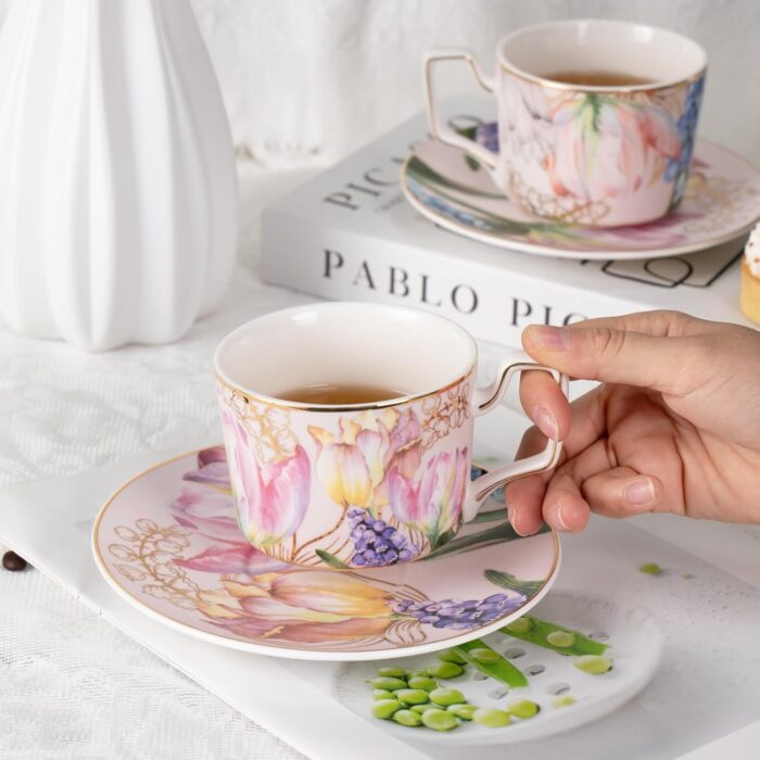 KAMMAK Tea Cups and Saucers Set of 2 Porcelain Coffee Cups - Tulip