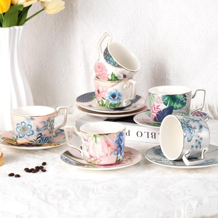 KAMMAK Tea Cups and Saucers Set of 2 Porcelain Coffee Cups - Tulip