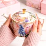 KAMMAK Teapot with Handle, Vintage Porcelain Tea Pot with Gold Trim, Blooming & Loose Leaf Teapot, Festive Holiday Serveware, Gifts for Women, Tulip - 22 oz