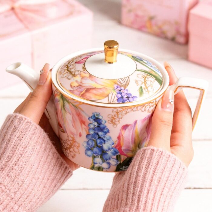 KAMMAK Teapot with Handle, Vintage Porcelain Tea Pot with Gold Trim, Blooming & Loose Leaf Teapot, Festive Holiday Serveware, Gifts for Women, Tulip - 22 oz