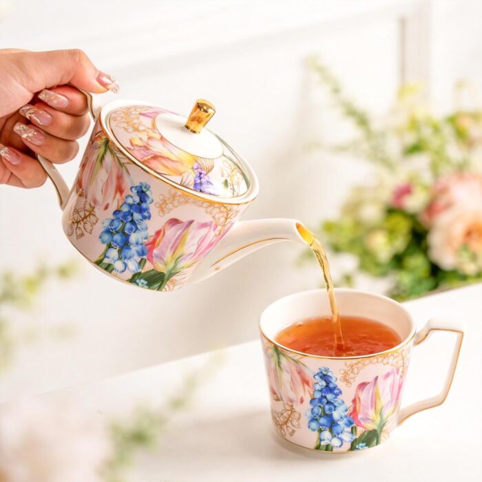 KAMMAK Teapot with Handle, Vintage Porcelain Tea Pot with Gold Trim, Blooming & Loose Leaf Teapot, Festive Holiday Serveware, Gifts for Women, Tulip - 22 oz