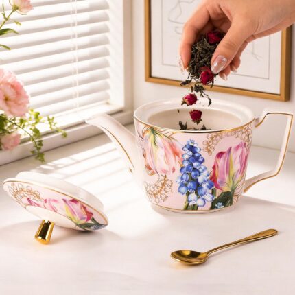 KAMMAK Teapot with Handle, Vintage Porcelain Tea Pot with Gold Trim, Blooming & Loose Leaf Teapot, Festive Holiday Serveware, Gifts for Women, Tulip - 22 oz