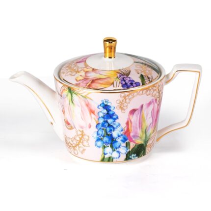 KAMMAK Teapot with Handle, Vintage Porcelain Tea Pot with Gold Trim, Blooming & Loose Leaf Teapot, Festive Holiday Serveware, Gifts for Women, Tulip - 22 oz