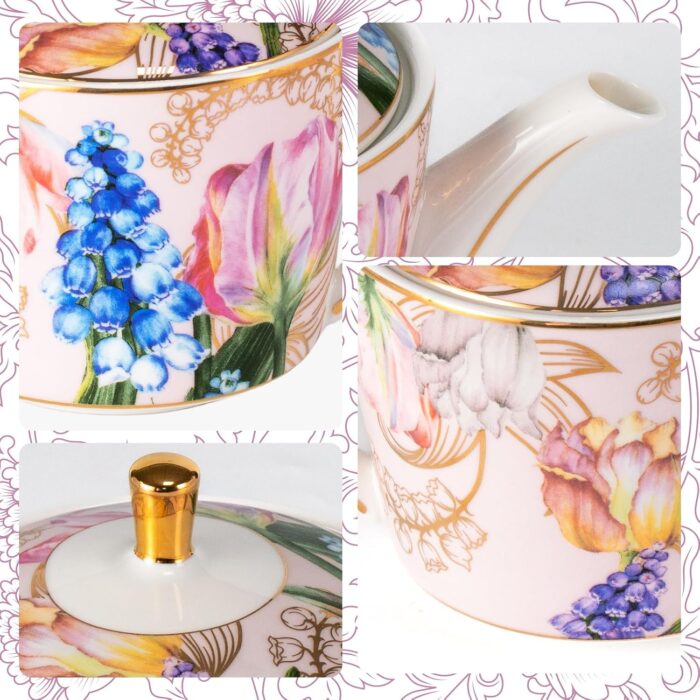 KAMMAK Teapot with Handle, Vintage Porcelain Tea Pot with Gold Trim, Blooming & Loose Leaf Teapot, Festive Holiday Serveware, Gifts for Women, Tulip - 22 oz