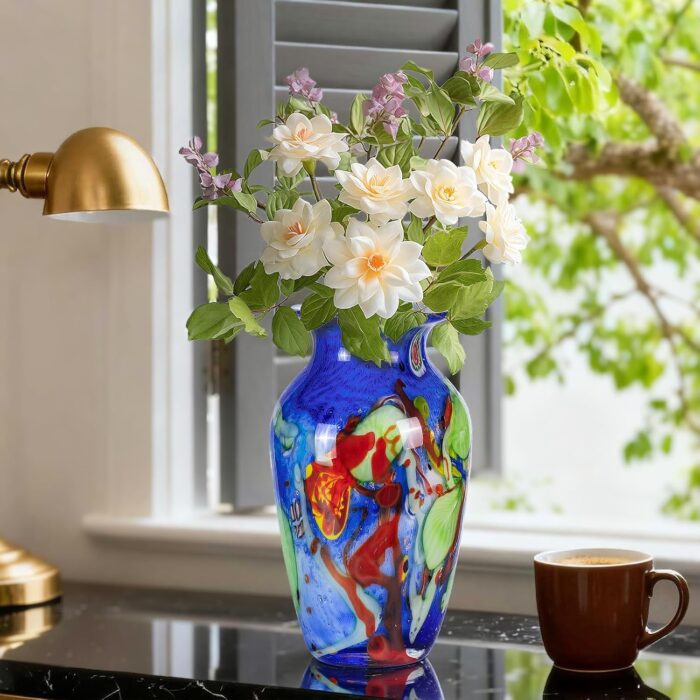 Colored Glass Flower Vase, Beautiful Hand Blown Decorative Vase, Modern Art Decorative for Home Living Room, Office, Table Centerpieces, Bookshelves and Wedding Decorations （JG39）