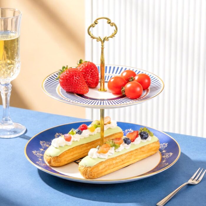 KAMMAK 2-Tier Porcelain Cupcake Stand Serving Tray, Dessert Plates Cake Fruit Candy Display Tower, Reusable Pastry Platter for Wedding Birthday Baby Shower Tea Party Decorations...