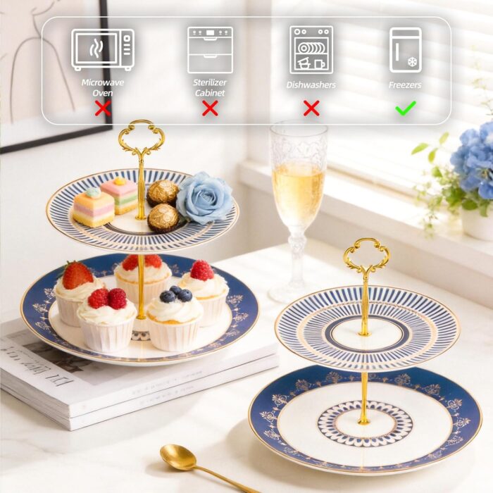 KAMMAK 2-Tier Porcelain Cupcake Stand Serving Tray, Dessert Plates Cake Fruit Candy Display Tower, Reusable Pastry Platter for Wedding Birthday Baby Shower Tea Party Decorations...
