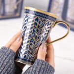KAMMAK Bone China Mugs Set of 2, Ceramic Tea and Coffee Cups, 10.8oz Porcelain Tall Mugs Set, Hand-painted Cappuccino Mug for Latte, Americano, Breakfast Cereal, Hot Cocoa,...
