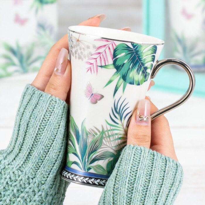 KAMMAK Bone China Mugs Set of 2, Ceramic Tea and Coffee Cups, 10.8oz Porcelain Tall Mugs Set, Hand-painted Cappuccino Mug for Latte, Americano, Breakfast Cereal, Hot Cocoa,...