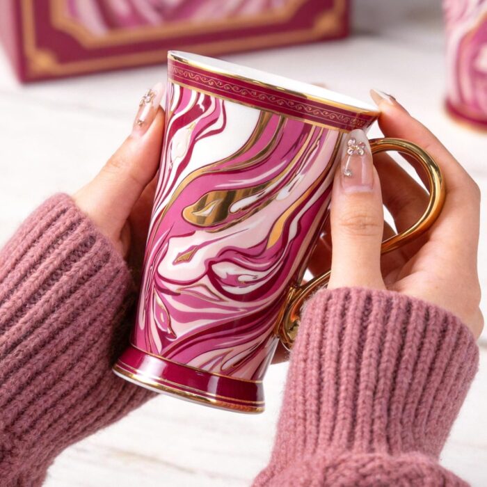 KAMMAK Bone China Mugs Set of 2, Ceramic Tea and Coffee Cups, 10.8oz Porcelain Tall Mugs Set, Hand-painted Cappuccino Mug for Latte, Americano, Breakfast Cereal, Hot Cocoa,...