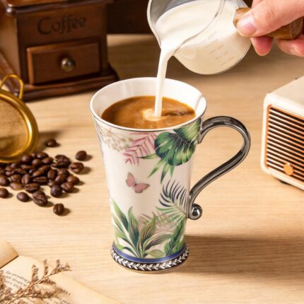 KAMMAK Bone China Mugs Set of 2, Ceramic Tea and Coffee Cups, 10.8oz Porcelain Tall Mugs Set, Hand-painted Cappuccino Mug for Latte, Americano, Breakfast Cereal, Hot Cocoa,...