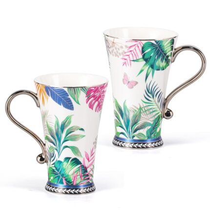 KAMMAK Bone China Mugs Set of 2, Ceramic Tea and Coffee Cups, 10.8oz Porcelain Tall Mugs Set, Hand-painted Cappuccino Mug for Latte, Americano, Breakfast Cereal, Hot Cocoa,...