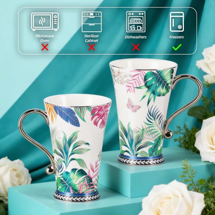 KAMMAK Bone China Mugs Set of 2, Ceramic Tea and Coffee Cups, 10.8oz Porcelain Tall Mugs Set, Hand-painted Cappuccino Mug for Latte, Americano, Breakfast Cereal, Hot Cocoa,...