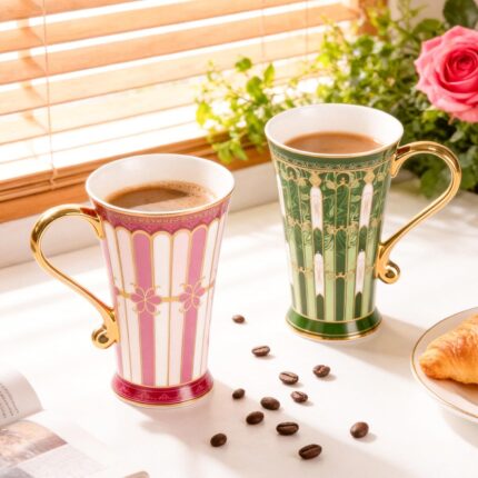 KAMMAK Bone China Mugs Set of 2, Ceramic Tea and Coffee Cups, 10.8oz Porcelain Tall Mugs Set, Hand-painted Cappuccino Mug for Latte, Americano, Breakfast Cereal, Hot Cocoa,...