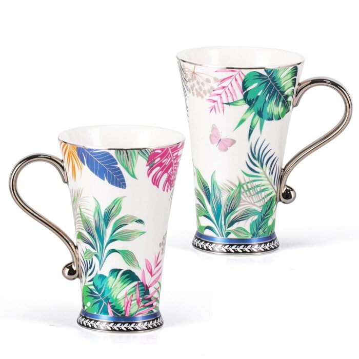 KAMMAK Bone China Mugs Set of 2, Ceramic Tea and Coffee Cups, 10.8oz Porcelain Tall Mugs Set, Hand-painted Cappuccino Mug for Latte, Americano, Breakfast Cereal, Hot Cocoa,...
