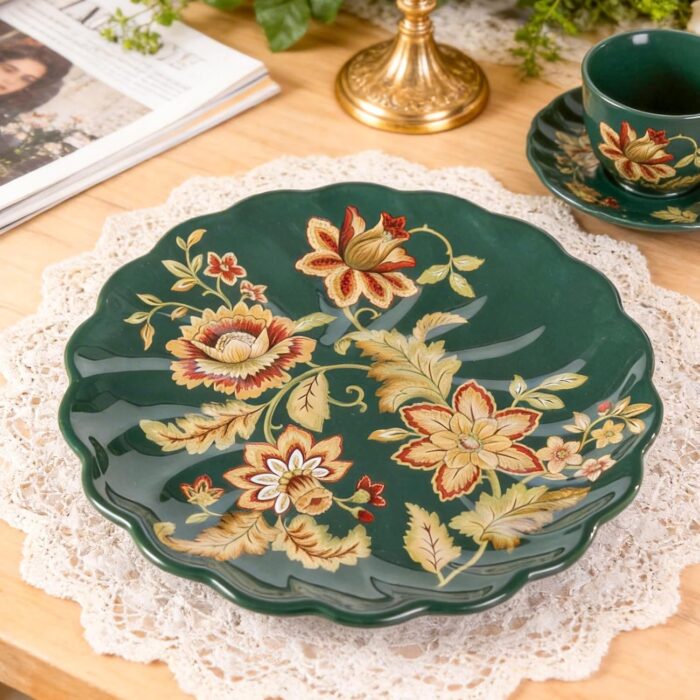 KAMMAK Ceramic Decorative Plate, Porcelain Plates for Kitchen Dining Room Wine Cabinet Home Decor, Vintage Collector Plates with 1 Display Stand, Green KAMMAK 8HPLZ063 decorative serving plate styled on dining table image 6