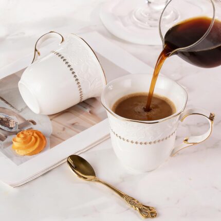 KAMMAK Ceramic Mug Set of 2, 10oz Porcelain Elegant Coffee and Tea Cups, Vintage Breakfast Mugs, Ideal for Birthday - Afternoon Tea & Housewarming Gifts (YFH21)