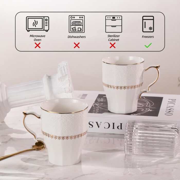 KAMMAK Ceramic Mug Set of 2, 9.8oz Elegant Coffee and Tea Cups, Vintage Breakfast Mugs, Porcelain Cup Ideal for Birthday - Afternoon Tea & Housewarming Gifts (YFH20)